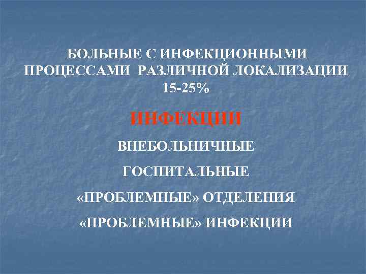 БОЛЬНЫЕ С ИНФЕКЦИОННЫМИ ПРОЦЕССАМИ РАЗЛИЧНОЙ ЛОКАЛИЗАЦИИ 15 -25% ИНФЕКЦИИ ВНЕБОЛЬНИЧНЫЕ ГОСПИТАЛЬНЫЕ «ПРОБЛЕМНЫЕ» ОТДЕЛЕНИЯ «ПРОБЛЕМНЫЕ»