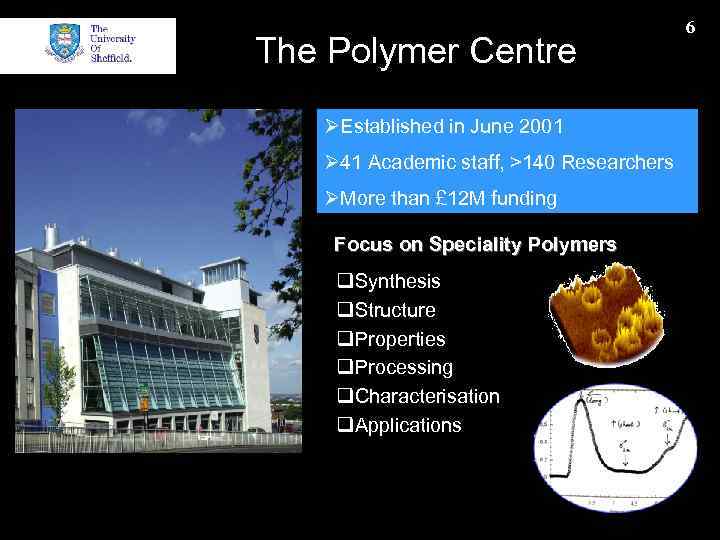 The Polymer Centre ØEstablished in June 2001 Ø 41 Academic staff, >140 Researchers ØMore