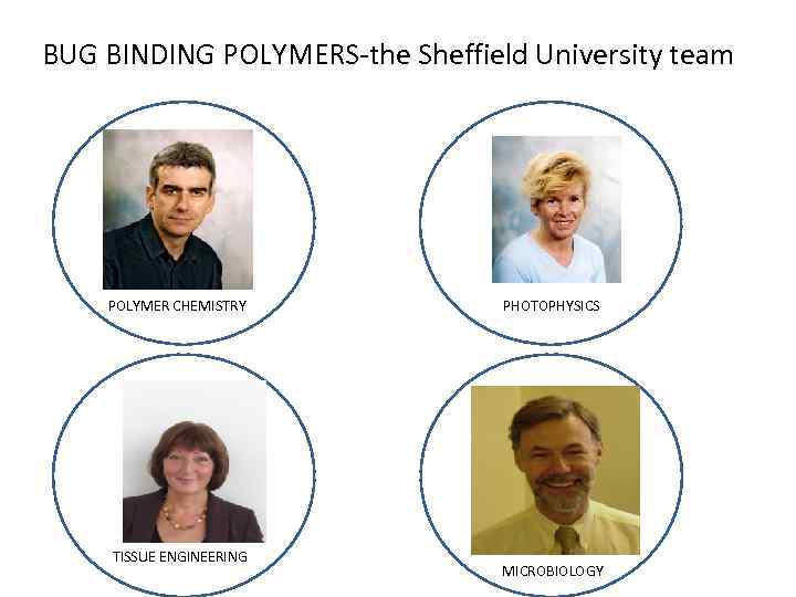 BUG BINDING POLYMERS-the Sheffield University team POLYMER CHEMISTRY TISSUE ENGINEERING PHOTOPHYSICS MICROBIOLOGY 