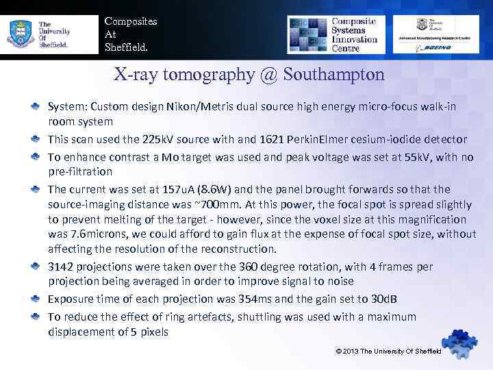 Composites At Sheffield. X-ray tomography @ Southampton System: Custom design Nikon/Metris dual source high