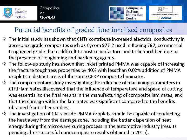 Composites At Sheffield. Potential benefits of graded functionalised composites ² The initial study has