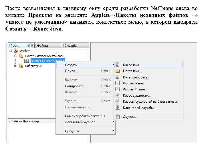 После возвращения к главному окну среды разработки Net. Beans слева во вкладке Проекты на