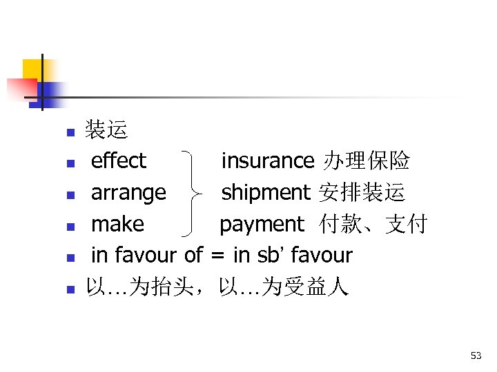 n n n 装运 effect insurance 办理保险 arrange shipment 安排装运 make payment 付款、支付 in