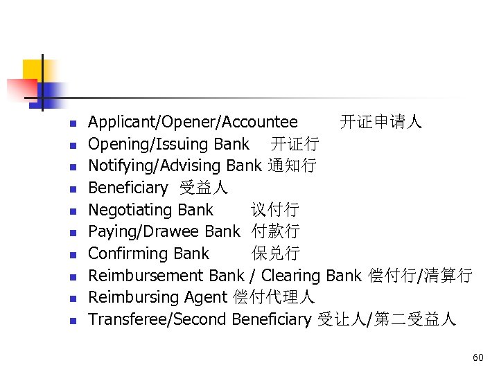 n n n n n Applicant/Opener/Accountee 开证申请人 Opening/Issuing Bank 开证行 Notifying/Advising Bank 通知行 Beneficiary
