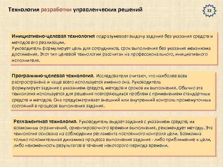 Технология разработки управленческих решений 32 Инициативно-целевая технология подразумевает выдачу задания без указания средств и