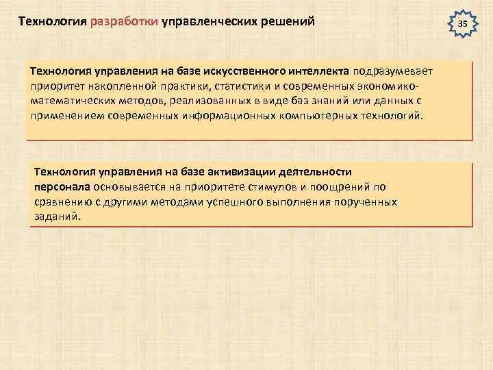 Технология разработки управленческих решений Технология управления на базе искусственного интеллекта подразумевает приоритет накопленной практики,