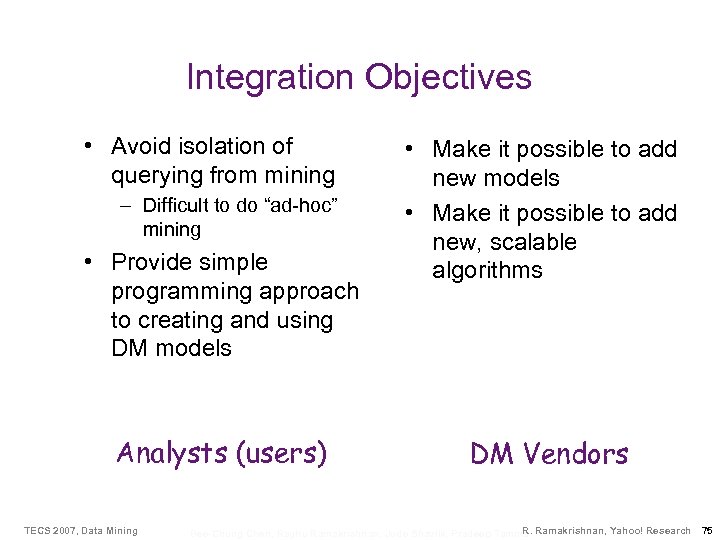 Integration Objectives • Avoid isolation of querying from mining – Difficult to do “ad-hoc”