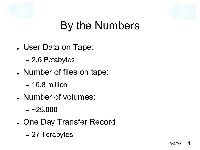 By the Numbers ● User Data on Tape: – ● Number of files on