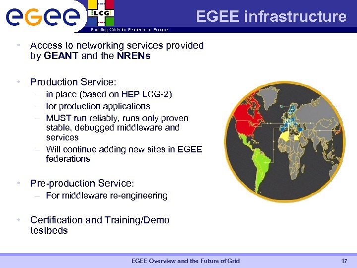 EGEE infrastructure Enabling Grids for E-science in Europe • Access to networking services provided
