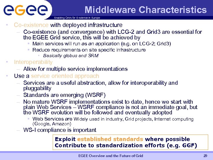 Middleware Characteristics Enabling Grids for E-science in Europe • Co-existence with deployed infrastructure –