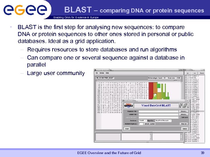 BLAST – comparing DNA or protein sequences Enabling Grids for E-science in Europe •