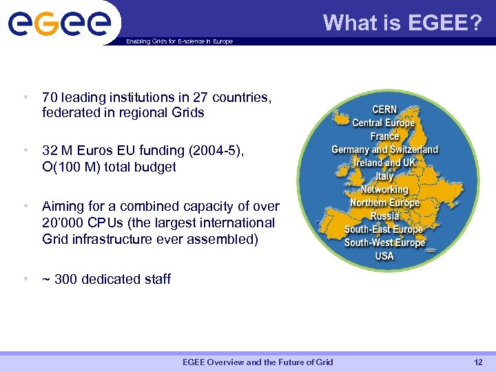What is EGEE? Enabling Grids for E-science in Europe • 70 leading institutions in