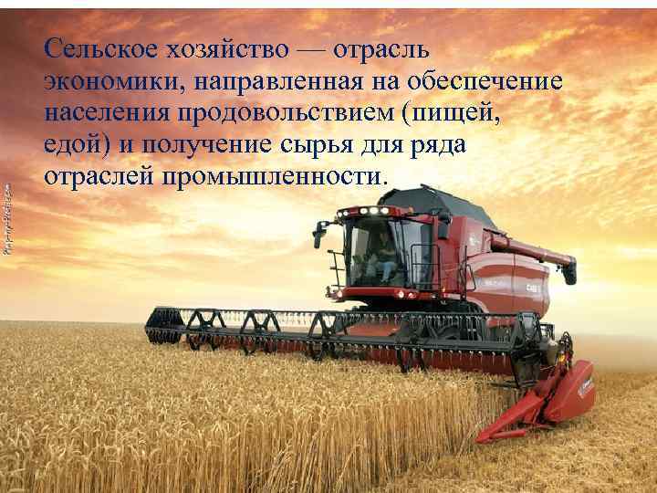 Сельское хозяйство — отрасль экономики, направленная на обеспечение населения продовольствием (пищей, едой) и получение