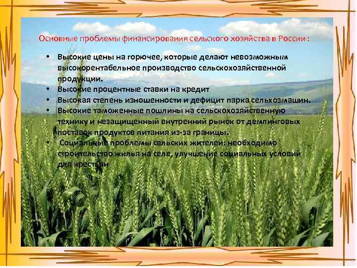 Основные проблемы финансирования сельского хозяйства в России : • Высокие цены на горючее, которые