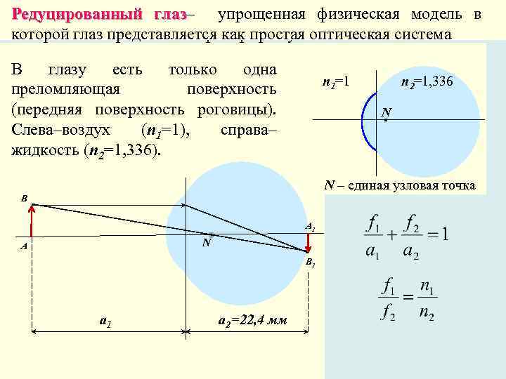 REDUCED EYE– physical model where an eye is represented as Редуцированный глаз– упрощенная физическая