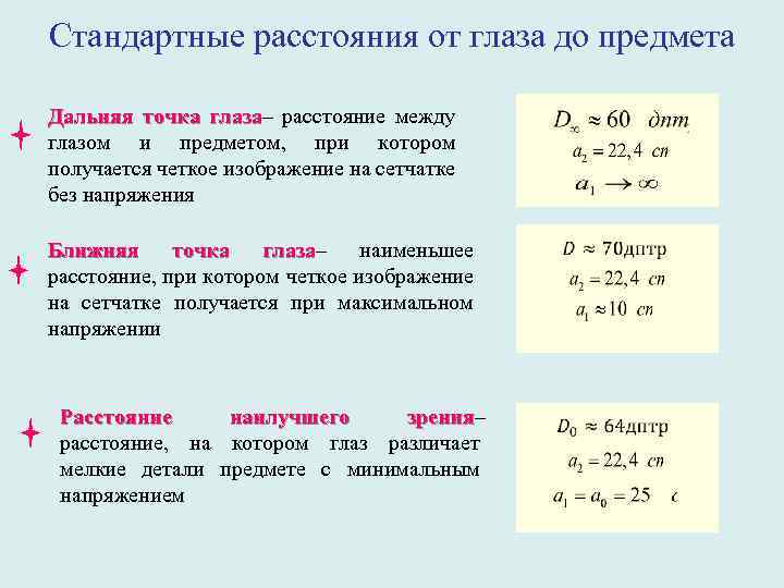 Стандартные расстояния от глаза до предмета Дальняя точка глаза– расстояние между глаза глазом и