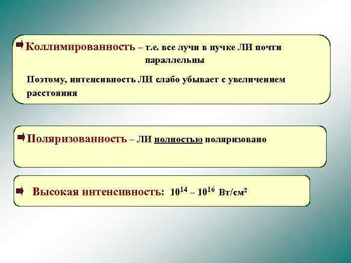Коллимированность – т. е. все лучи в пучке ЛИ почти параллельны Поэтому, интенсивность ЛИ