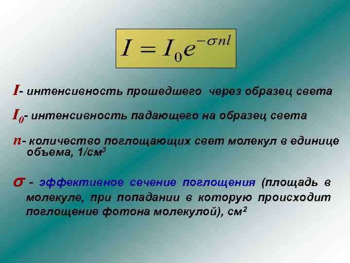 I- интенсивность прошедшего через образец света I 0 - интенсивность падающего на образец света