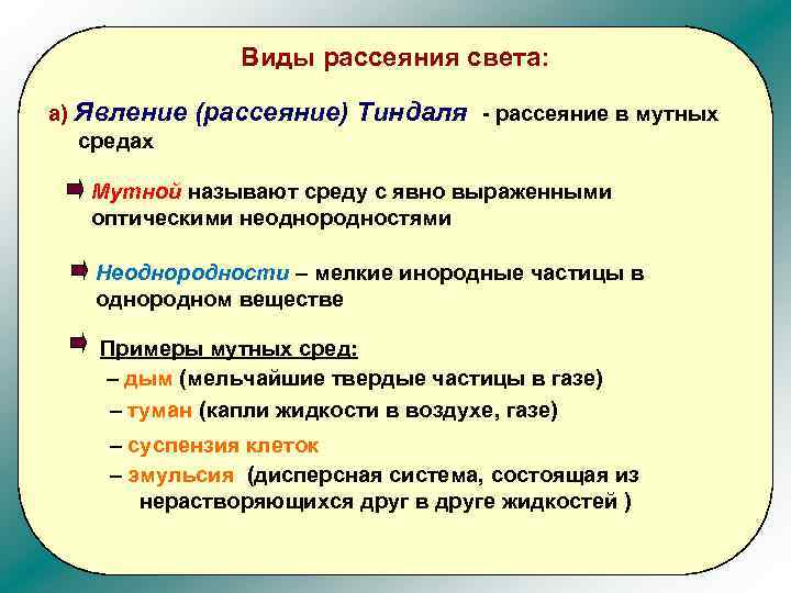 Виды рассеяния света: а) Явление средах (рассеяние) Тиндаля - рассеяние в мутных Мутной называют