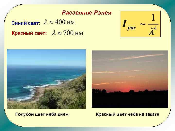 Рассеяние Рэлея Синий свет: Красный свет: Голубой цвет неба днем Красный цвет неба на