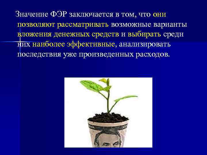  Значение ФЭР заключается в том, что они позволяют рассматривать возможные варианты вложения денежных