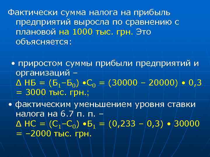 Фактически сумма налога на прибыль предприятий выросла по сравнению с плановой на 1000 тыс.