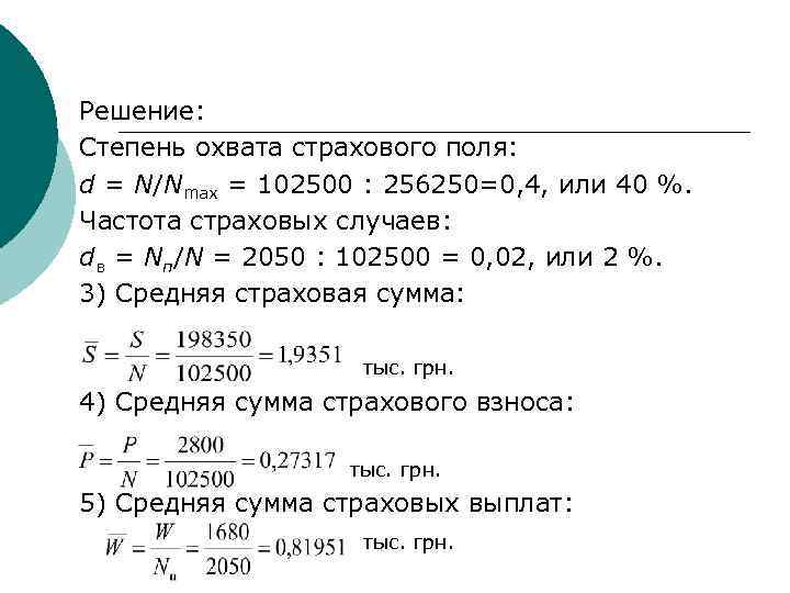 Решение: Степень охвата страхового поля: d = N/Nmax = 102500 : 256250=0, 4, или