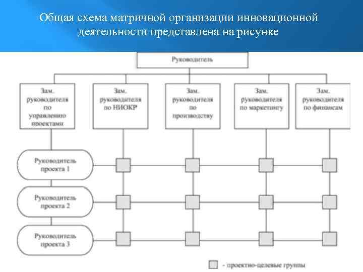 Организация деятельности реферат. Схема управления в проекте матричная НИОКР. Матричная форма организации схема. Организационная структура компании инновационный отдел. Схема новаторской организации.