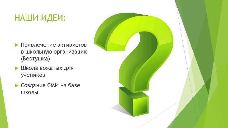 НАШИ ИДЕИ: Привлечение активистов в школьную организацию (Вертушка) Школа вожатых для учеников Создание СМИ