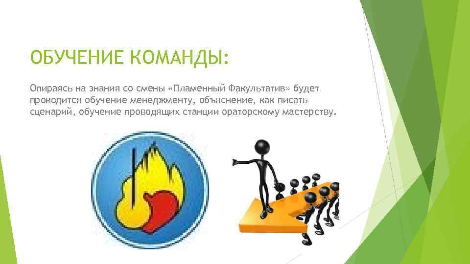 ОБУЧЕНИЕ КОМАНДЫ: Опираясь на знания со смены «Пламенный Факультатив» будет проводится обучение менеджменту, объяснение,
