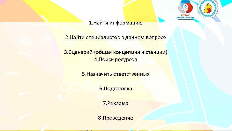 1. Найти информацию 2. Найти специалистов в данном вопросе 3. Сценарий (общая концепция и