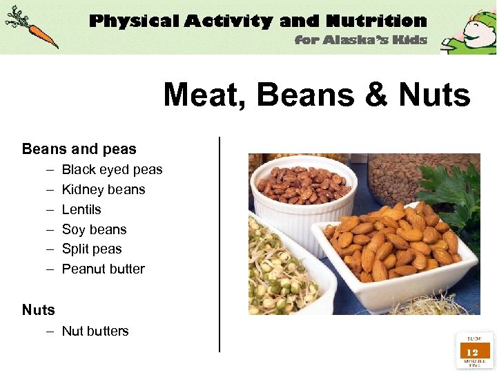 Meat, Beans & Nuts Beans and peas – – – Black eyed peas Kidney