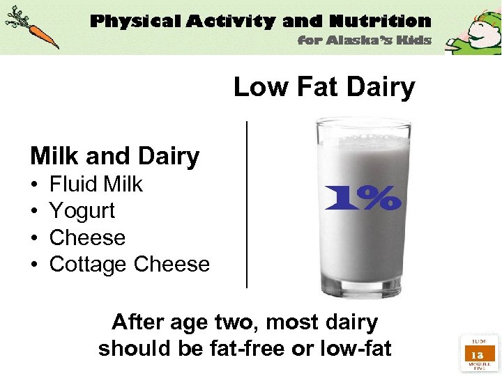 Low Fat Dairy Milk and Dairy • • Fluid Milk Yogurt Cheese Cottage Cheese