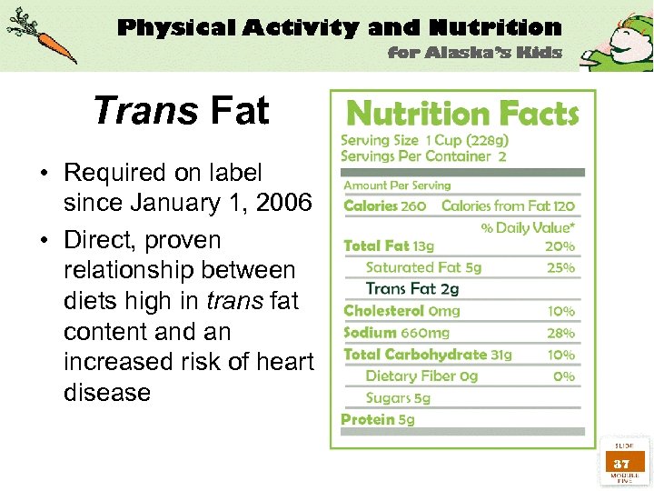 Trans Fat • Required on label since January 1, 2006 • Direct, proven relationship