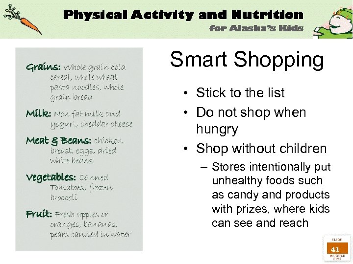 Smart Shopping • Stick to the list • Do not shop when hungry •