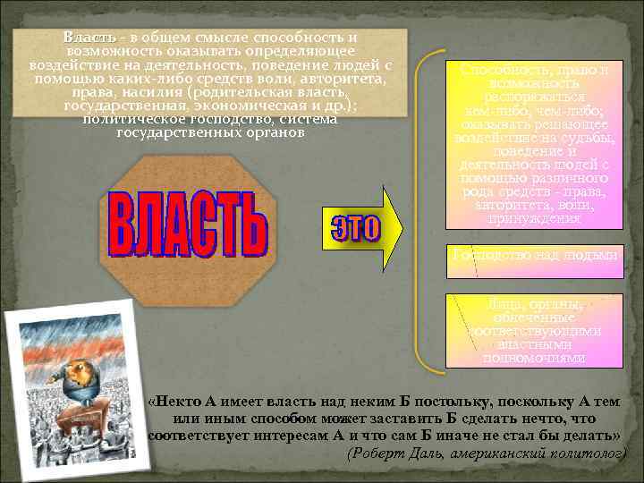 Власть - в общем смысле способность и возможность оказывать определяющее воздействие на деятельность, поведение