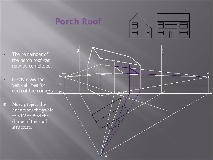  • The remainder of the porch roof can now be completed. Firstly draw