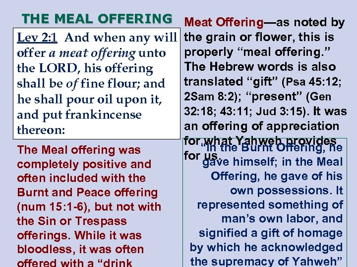 THE MEAL OFFERING Lev 2: 1 And when any will offer a meat offering