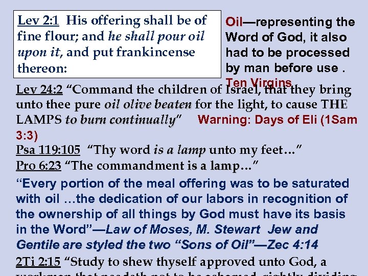 Lev 2: 1 His offering shall be of fine flour; and he shall pour