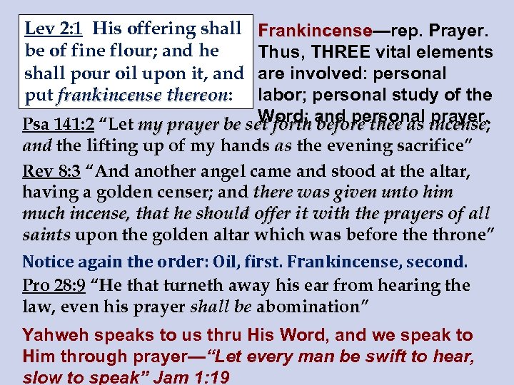 Lev 2: 1 His offering shall be of fine flour; and he shall pour