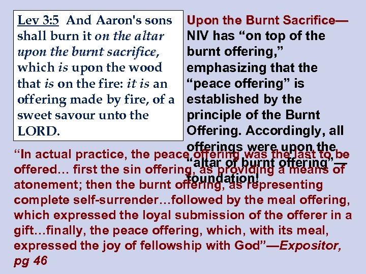 Lev 3: 5 And Aaron's sons shall burn it on the altar upon the