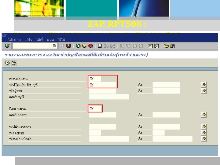 ZAP_RPT 508 : รายงานแสดงการจายเงนเขาบญชของผมสทธ รบเงน (กรณจายตรง ( 
