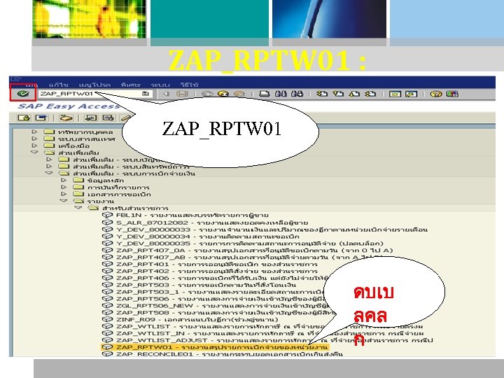 ZAP_RPTW 01 : รายงานสรปรายการเบกจายของหนวย ZAP_RPTW 01 งาน ดบเบ ลคล ก 