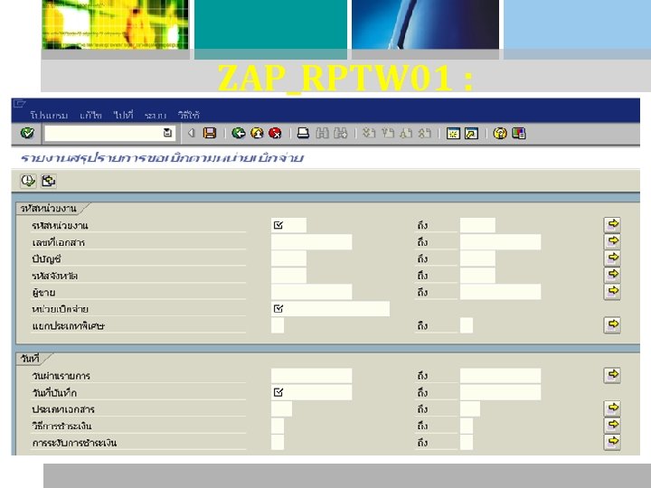 ZAP_RPTW 01 : รายงานสรปรายการเบกจายของหนวย งาน 
