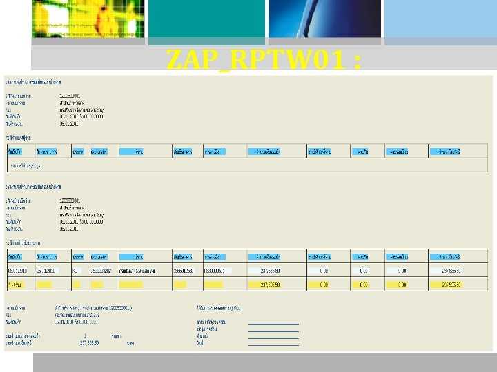 ZAP_RPTW 01 : รายงานสรปรายการเบกจายของหนวย งาน 