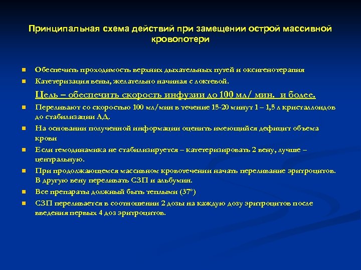 Принципальная схема действий при замещении острой массивной кровопотери n n Обеспечить проходимость верхних дыхательных
