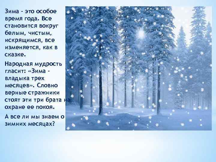 Зима – это особое время года. Все становится вокруг белым, чистым, искрящимся, все изменяется,