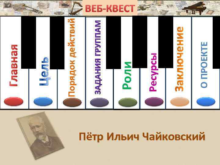 О ПРОЕКТЕ Ресурсы Роли Порядок действий Главная ВЕБ-КВЕСТ Пётр Ильич Чайковский 