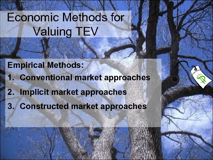 Economic Methods for Valuing TEV Empirical Methods: 1. Conventional market approaches 2. Implicit market
