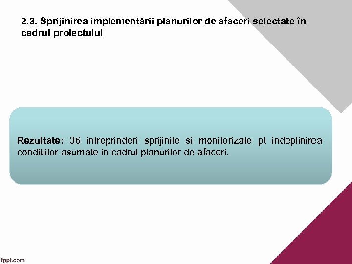 2. 3. Sprijinirea implementării planurilor de afaceri selectate în cadrul proiectului Rezultate: 36 intreprinderi